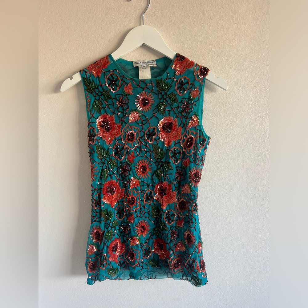 Dolce & Gabbana Embellished Turquoise Sleeveless Lace Top Sz 40